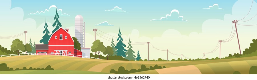 Agriculture And Farming, Farmland Countryside Landscape Flat Vector Illustration