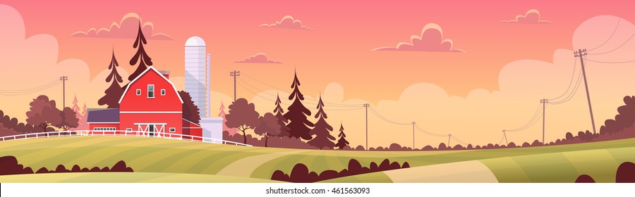 Agriculture And Farming, Farmland Countryside Sunset Landscape Flat Vector Illustration