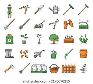 Agrarzucht- und Gartensymbole von Bauernwerkzeugen, Vektorgrafik-Bauernausstattung. Gartenschaufel und Regengürtel mit Wasserkanister und Radkarren, Gartenableger, Spade- und Rasenmäher mit Beschneider