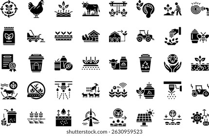 Agriculture and farming glyph icons collection depicting sustainable and smart agricultural practices