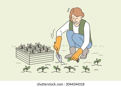 Agriculture, farming, growing plants concept. Young smiling woman farmer sitting growing plants with shovel taking care of plants vector illustration