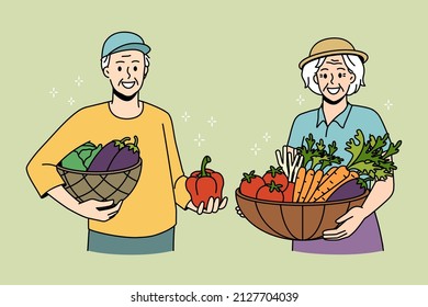 Agriculture Farming And Harvesting Concept. Smiling Senior Couple Standing Holding Fresh Produce From Garden In Hands In Baskets Vector Illustration 
