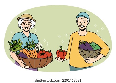 Agriculture farming and Harvesting concept. Smiling senior couple standing holding fresh produce from garden in hands in baskets vector illustration