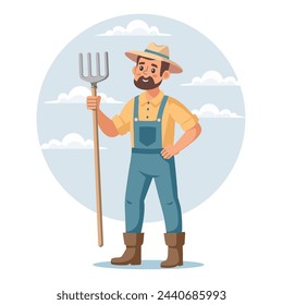 Agriculture and farming, harvesting. A male farmer in uniform holds a rake in his hand. Agricultural farm worker. Illustration. Vector