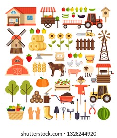 Agriculture farming harvesting nature agronomy design graphic flat cartoon sign symbol icon isolated set