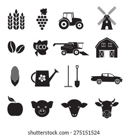 Agriculture and farming icon set. Black icons isolated on white background. Vector illustration.