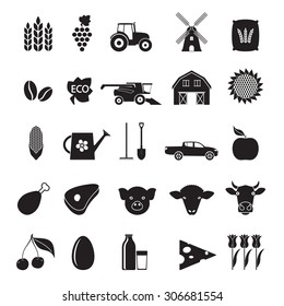 Agriculture and farming icon set. Black gardening symbols isolated on white background. Vector illustration.