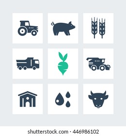 Agriculture, farming icons, agrimotor, harvest, cattle, hangar, agricultural machinery, vector illustration