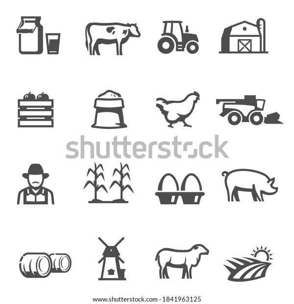 Agriculture and farming icons,\
successful farm life. Animals, worker, farm ecosystem, living\
biology in the soil. Vector line art illustration on white\
background