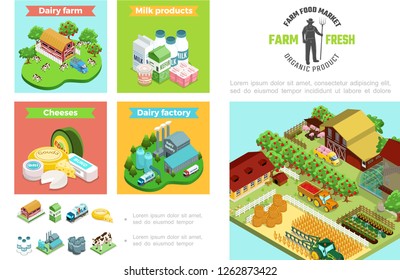 Agriculture and farming infographic template with dairy factory products house animals apple trees tractor harvesting wheat greenhouse windmill in isometric style vector illustration