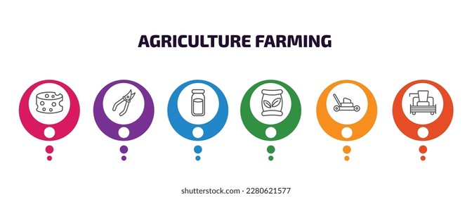 agriculture farming infographic template with icons and 6 step or option. agriculture farming icons such as cheese, shears, milk jar, seed bag, mower, combine harvester vector. can be used for