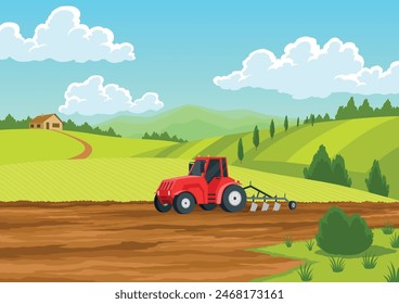 Agriculture farming landscape. Countryside land. Tractor plowing the field on rural landscape background. Farm life, soil cultivation process. Vector cartoon illustration