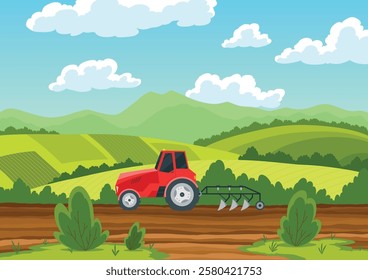 Agriculture farming landscape. Countryside land. Tractor plowing the field on rural landscape background. Farm life, soil cultivation process. Vector cartoon illustration