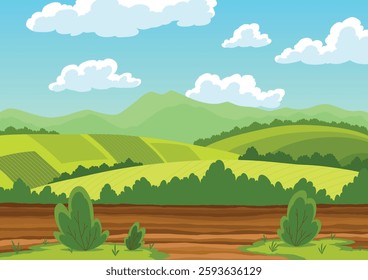 Agriculture farming landscape. Countryside land. Plowing the field on rural landscape background. Farm life, soil cultivation. Vector cartoon illustration