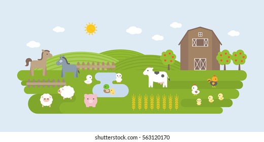 Agriculture and Farming landscape elements, barn, farm animal such as cow, donkey, pig, hen, sheep, flat design