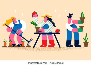 Agriculture and farming lifestyle concept. Group of young women and man farmers standing with grown plants fruits and vegetables produce vector illustration 