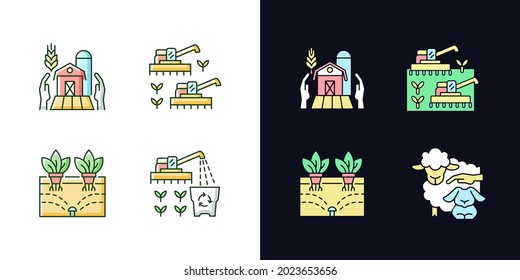 Agriculture and farming light and dark theme RGB color icons set. Ecological innovation in farming. Isolated vector illustrations on white and black space. Simple filled line drawings pack