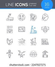 Agriculture and farming - line design style icons set on white background with editable stroke. Care for trees in the garden, harvest corn, mow grass, scarecrow, plant seeds, well, ranch and village
