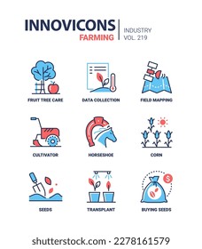 Agriculture and farming - line design style icons set. Fruit tree care, data collection, field mapping, cultivation, horseshoe, corn crop, transplant, buying seeds, rural and organic harvest