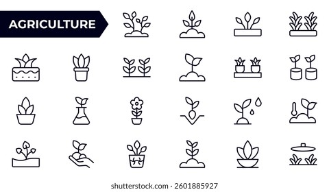 Agriculture and farming line icon set. Vector plant sprouts and seedlings, root vegetables and seeds in seedbeds, greenhouses, and farm fields isolated signs with water, sun, and fertilizer