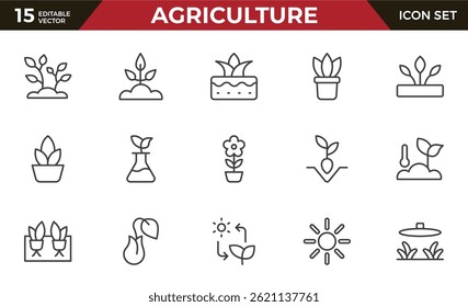 Agriculture and farming line icon set. Vector plant sprouts and seedlings, root vegetables and seeds in seedbeds, greenhouses, and farm fields isolated signs with water, sun, and fertilizer