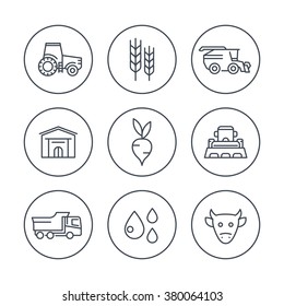 Agriculture, farming line icons in circles, tractor, harvest, cattle, agricultural machinery icons, vector illustration