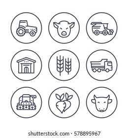 Agriculture and farming line icons in circles over white, tractor, agrimotor, harvest, cattle, agricultural machinery, combine-harvester, barn