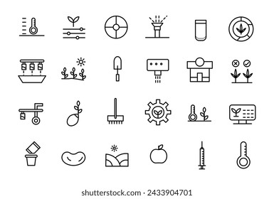 Agriculture and Farming Line Icons. Contains such Icons Harvester trucks, tractors, farmers and village farm buildings. Outline icon collection.