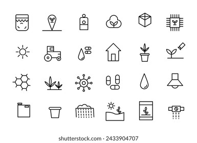 Agriculture and Farming Line Icons. Contains such Icons Harvester trucks, tractors, farmers and village farm buildings. Outline icon collection.