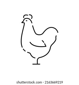 Agriculture and farming line icons, harvest, cattle, combine-harvester, barn. Farm animals chicken or hen. Global farming in village