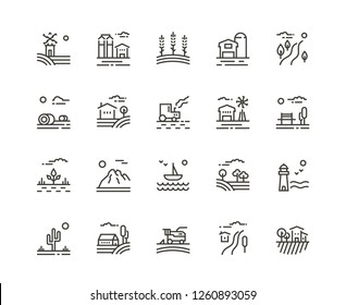 Agriculture and farming line icons set. Collection of farming field, farm buildings, harvester trucks, tractors, mountains, boat, garden and plantation. Vector illustration, rural.