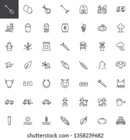 Agriculture and farming line icons set. linear style symbols collection, outline signs pack. vector graphics. Set includes icons as agricultural tractor, shovel, farmer, rake, growing vegetable plant