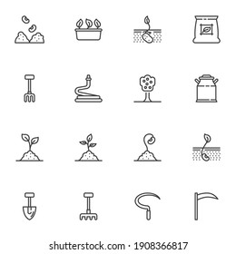 Agriculture, farming line icons set, outline vector symbol collection, linear style pictogram pack. Signs logo illustration. Set includes icons as gardening rake, shovel, watering hose, sprout in soil