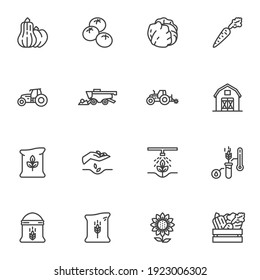 Agriculture and farming line icons set, outline vector symbol collection, linear style pictogram pack. Signs, logo illustration. Set includes icons as vegetable harvest, tractor, farm barn, harvester