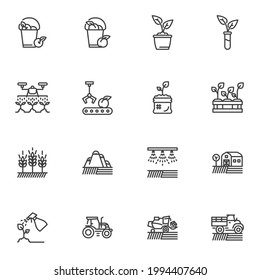 Agriculture, farming line icons set, outline vector symbol collection, linear style pictogram pack. Signs, logo illustration. Set includes icons as smart farm watering, fruit harvest, harvester truck