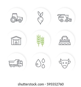 Agriculture, farming line icons set, tractor, harvester, cattle, agricultural machinery, storehouse