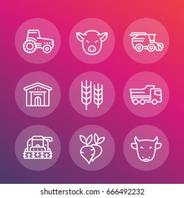 Agriculture and farming line icons set, tractor, combine-harvester, agricultural machinery, harvest, stock raising, barn, vector illustration