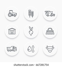 Agriculture, farming line icons set, tractor, agrimotor, harvest, cattle, agricultural machinery, storage