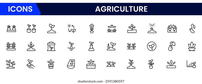 Agriculture and farming line icons. Vector plant sprouts and seedlings, root vegetables and seeds in seedbeds, greenhouses, and farm fields isolated signs with water, sun, and fertilizer.