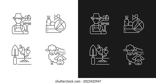 Agriculture and farming linear icons set for dark and light mode. Ecological innovation and technology. Customizable thin line symbols. Isolated vector outline illustrations. Editable stroke