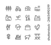 Agriculture and Farming, linear style icon set. Farm, crops, livestock, machinery and rural scenery. Planting to harvesting yields. Farmer, produce and the cultivation lifestyle. Editable stroke width