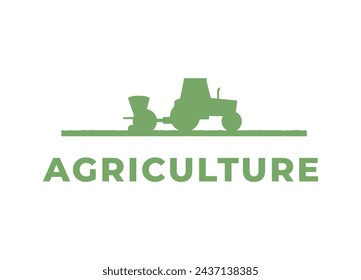 Agriculture farming logo, emblem. Farm vehicles and machinery works on field. Harvester, tractor, seeder, plow. Agricultural farming equipment tillaging farmland. Isolated flat vector illustration.