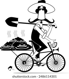 Agriculture, farming, manure. Farmer or gardener conveys dung on the bicycle. 
Cartoon farmer or gardener with shovel on the shoulder conveys organic fertilizers on the bike 
