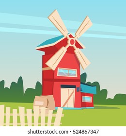 Agriculture And Farming, Mill Building Farmland Countryside Landscape Flat Vector Illustration