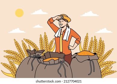 Agriculture farming and nature concept. Smiling woman farmer standing after working day with sacks full of harvested rye in field vector illustration 