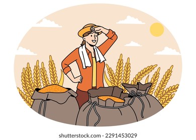 Agriculture farming and nature concept. Smiling woman farmer standing after working day with sacks full of harvested rye in field vector illustration