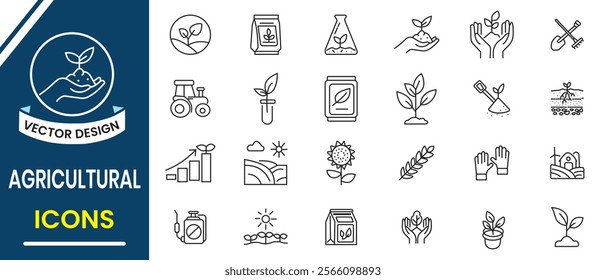 Agriculture and farming out line icon, symbol set. Agriculture icon set. Farming and cultivation icon, vector set. Farming, farm field, natural harvest, farmer icon, logo design. Vector illustration.