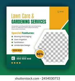 Agriculture and farming promotion with modern lawn mower garden or landscaping service social media cover design, abstract green and yellow square web banner, post template flyer