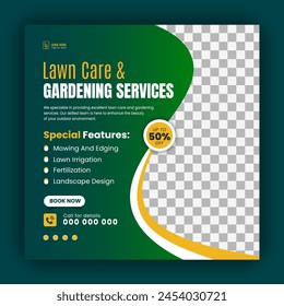Agriculture and farming promotion with modern lawn mower garden or landscaping service social media cover design, abstract green and yellow square web banner, post template flyer