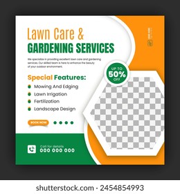 Agriculture and farming promotion with modern lawn mower garden or landscaping service social media cover design, abstract green and yellow square web banner, post template flyer
